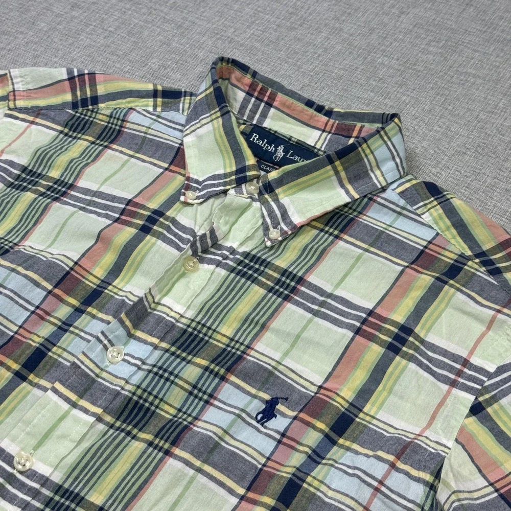 Ralph Lauren Classic Fit Button-Down Shirt Men L Green Plaid Cotton Short Sleeve